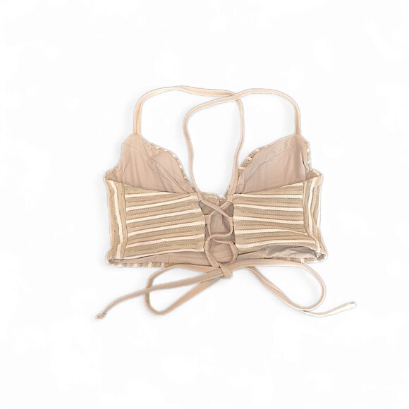 PQ Swim Sz Sm NEW EARTH Corset Bralette Bikini Top Lace Up Striped Beige - Picture 2 of 3